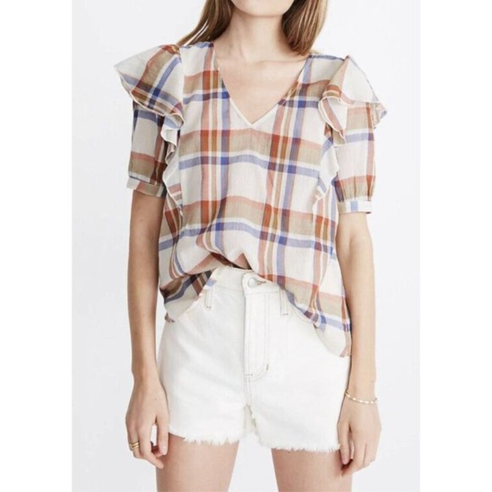 EUC Womens Madewell V Neck Shoulder Ruffle Top In Plaid Short Sleeve Size L